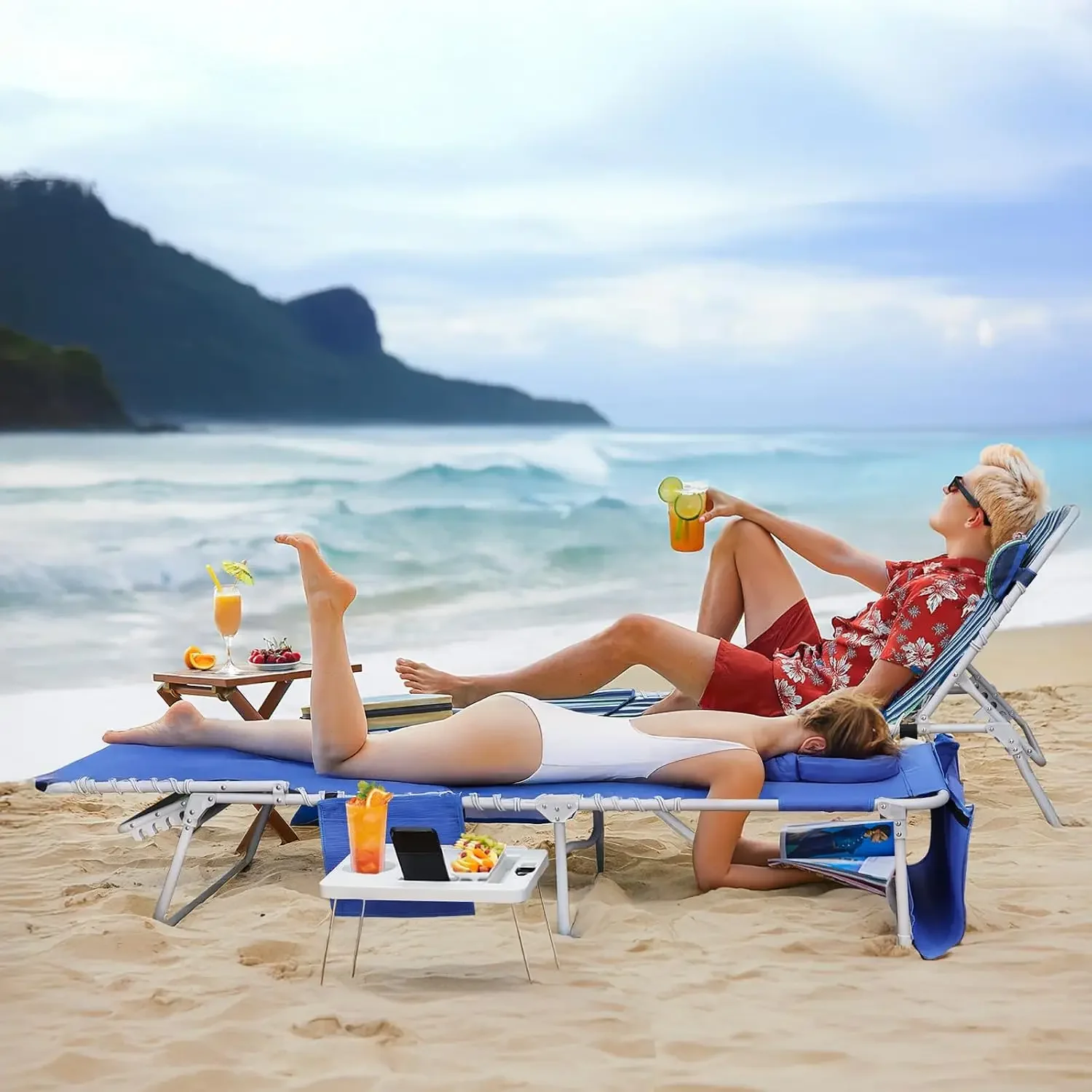 US Shipping Brand new 3-in-1 Beach Chair Face Holes, Lounge Chair Outdoor with Folding Side Table, 5-Position Recliner, Lay Flat