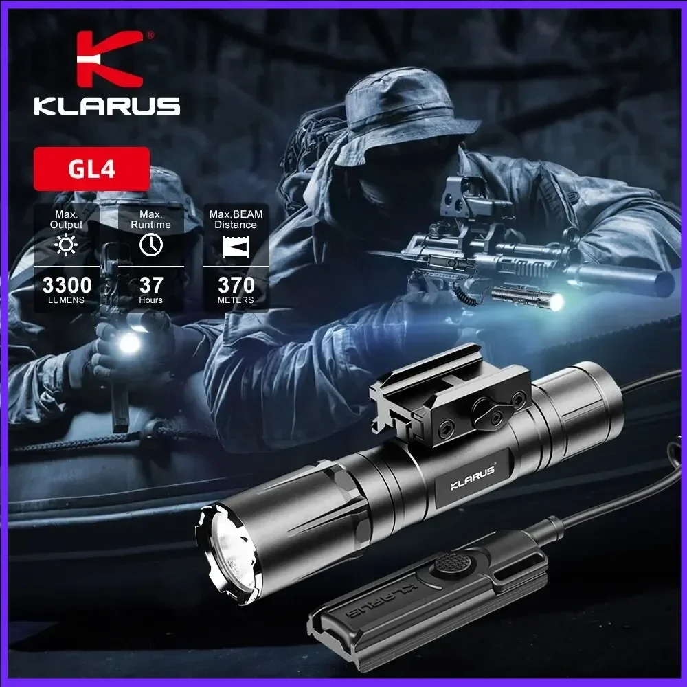 Klarus GL4 Rail ยุทธวิธีไฟฉาย 3300 Lumens ไฟฉาย LED พร้อมรีโมทคอนโทรลสวิตช์หาง Dual-การตั้งค่าอาวุธสําหรับล่าสัตว์