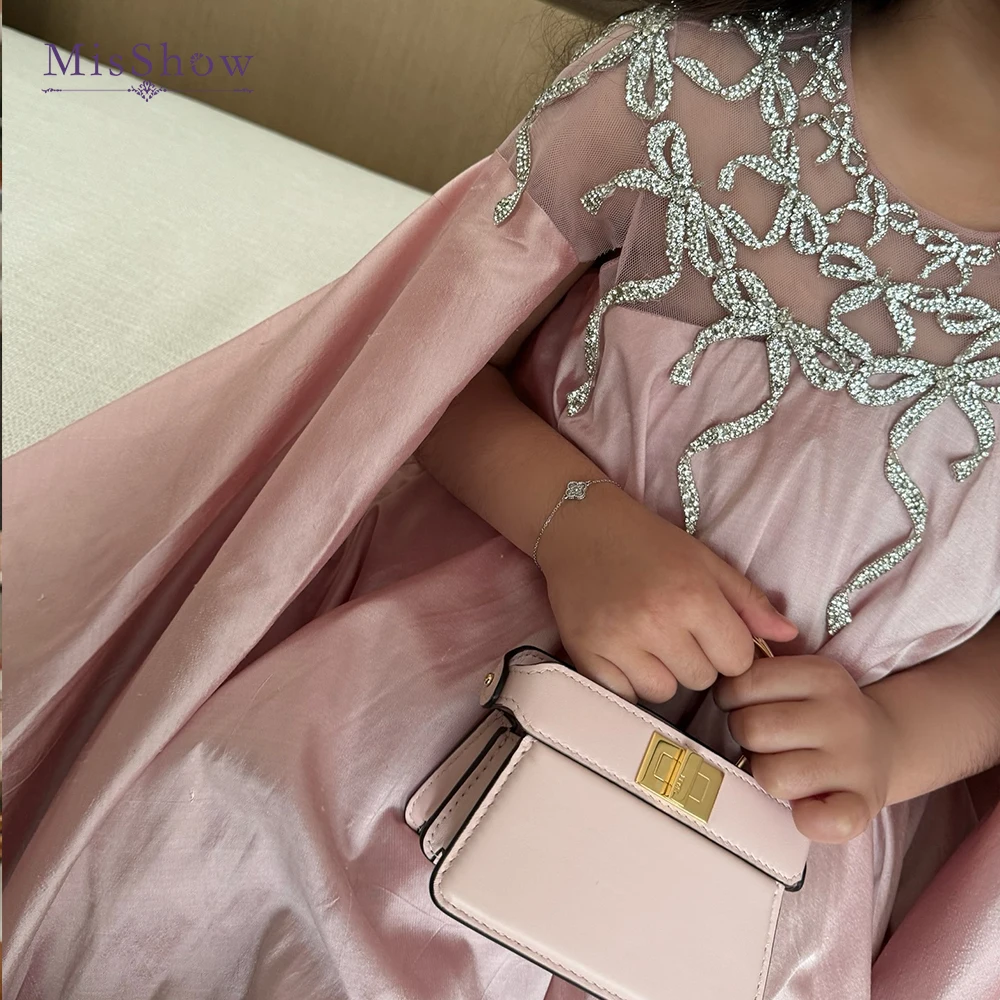 

MisShow индивидуальное розовое атласное платье с кристаллами для девочек с накидкой на рукавах, праздничное платье принцессы для девочек на свадьбу и торжества