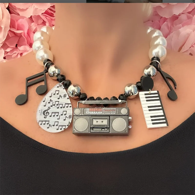 Exaggerated Black White Piano Key Keyboard radio Pendant Guitar Gesture Men's Necklace Music Hip Hop Jewelry Gif