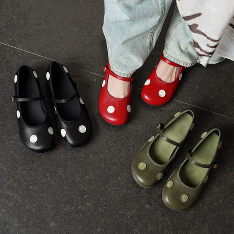 Women Vintage Sheep Leather Polka Dot Mary Jane Flats Round Toe Buckle Strap TPR Sole Sheep Lining Four Season Daily Shoes F249