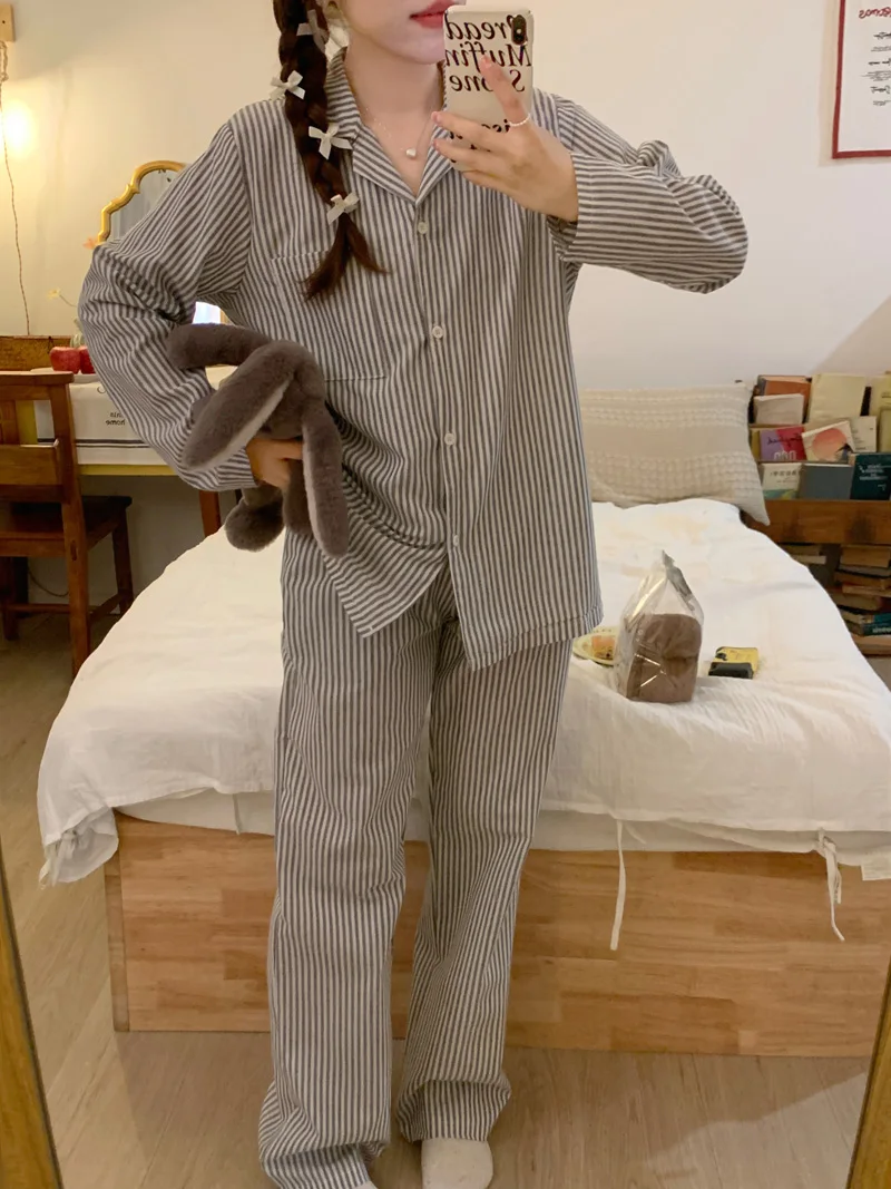 Striped Print Autumn Pajamas Set Women Single Breasted Shirts + Pants Vintage Cotton Sleepwear Two Piece Home Suit Couple Lovers