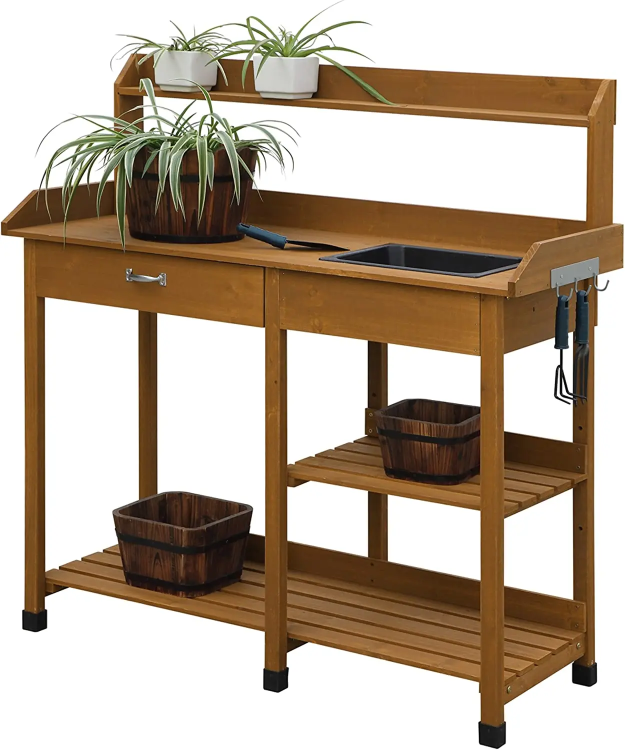 Outdoor Garden Potting Bench Wooden Workstation Table W/Cabinet Drawer Open Shelf Lower Storage Home Modern Durable