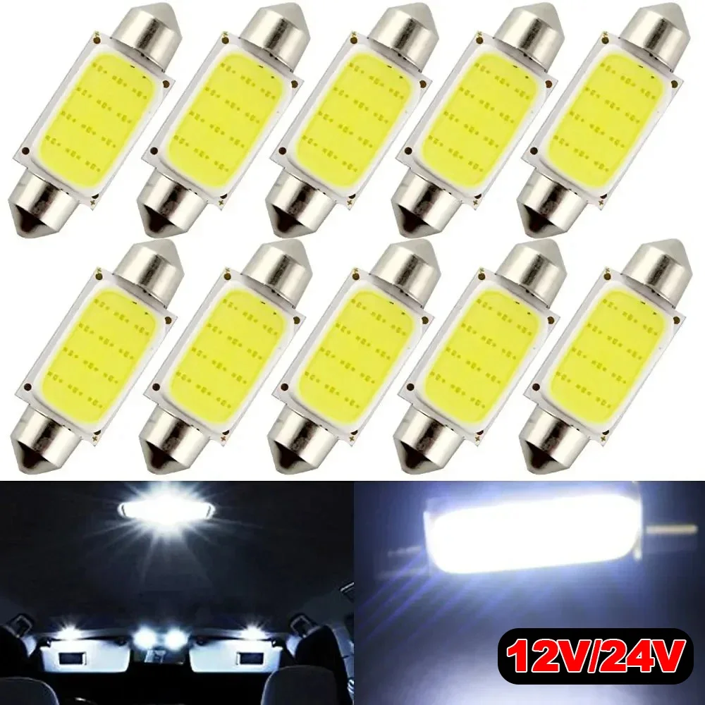 Lote com 10 Lâmpadas LED C5W Festoon 31/36/39/41mm 12V 24V COB 6500K Brancas para Luzes de Teto Internas de Carro, Luzes de Leitura, Luzes de Porta-Malas e Luzes de Placa