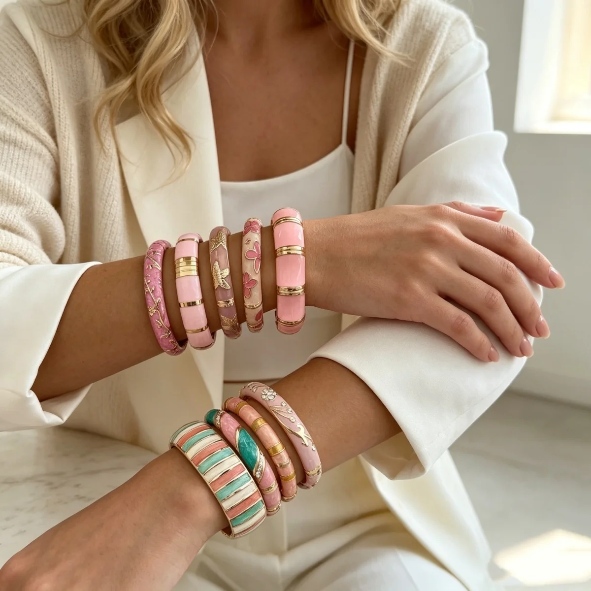 Vintage Pink-Serie Emaille-Manschettenarmbänder für Damen und Herren, Modisches Weichrosa Block-Muster mit Gedrehten Blättern, Blumen und Sternen, Armreif-Schmuck – Detail 9