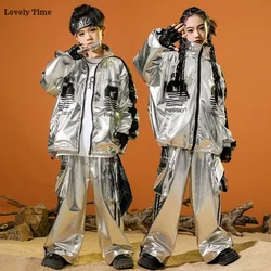 Boys Hip Hop Silver Jacket Shiny Cargo Pants Girls K-pop Coat Clothes Set Kids Street Dance Costumes Teens Jazz Child Streetwear
