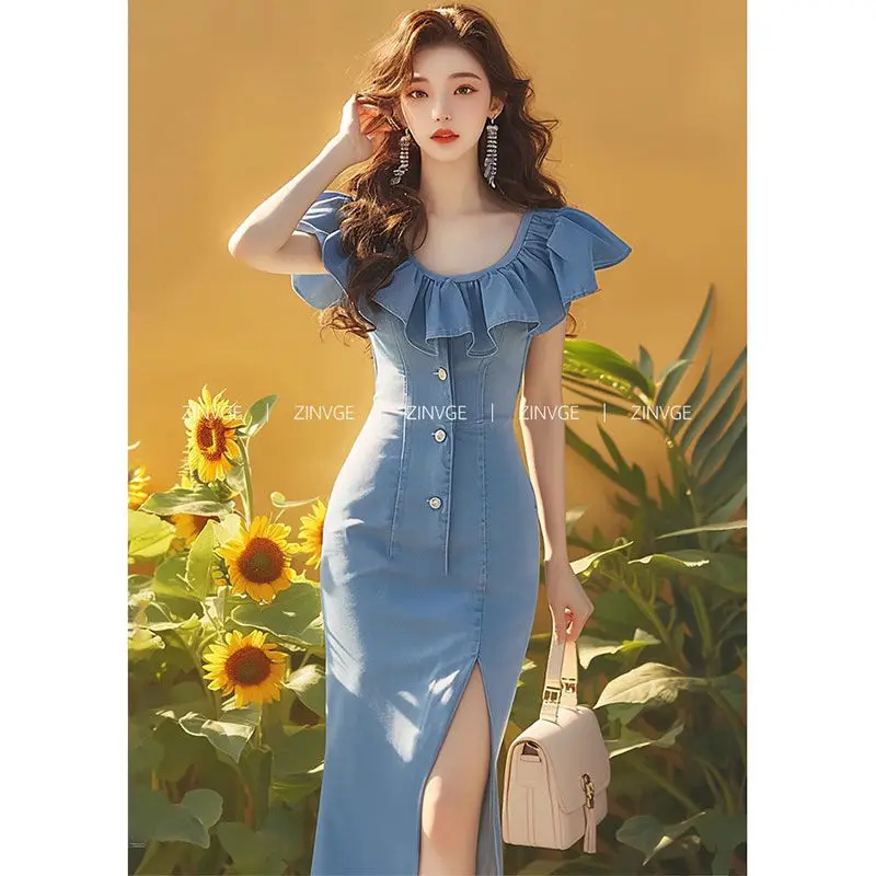 

Korea Denim Dress Simple Series Summer Slash Neck Ruffles Pencil Dress Sexy Elegant Fashion Women Party Bodycon Dresse