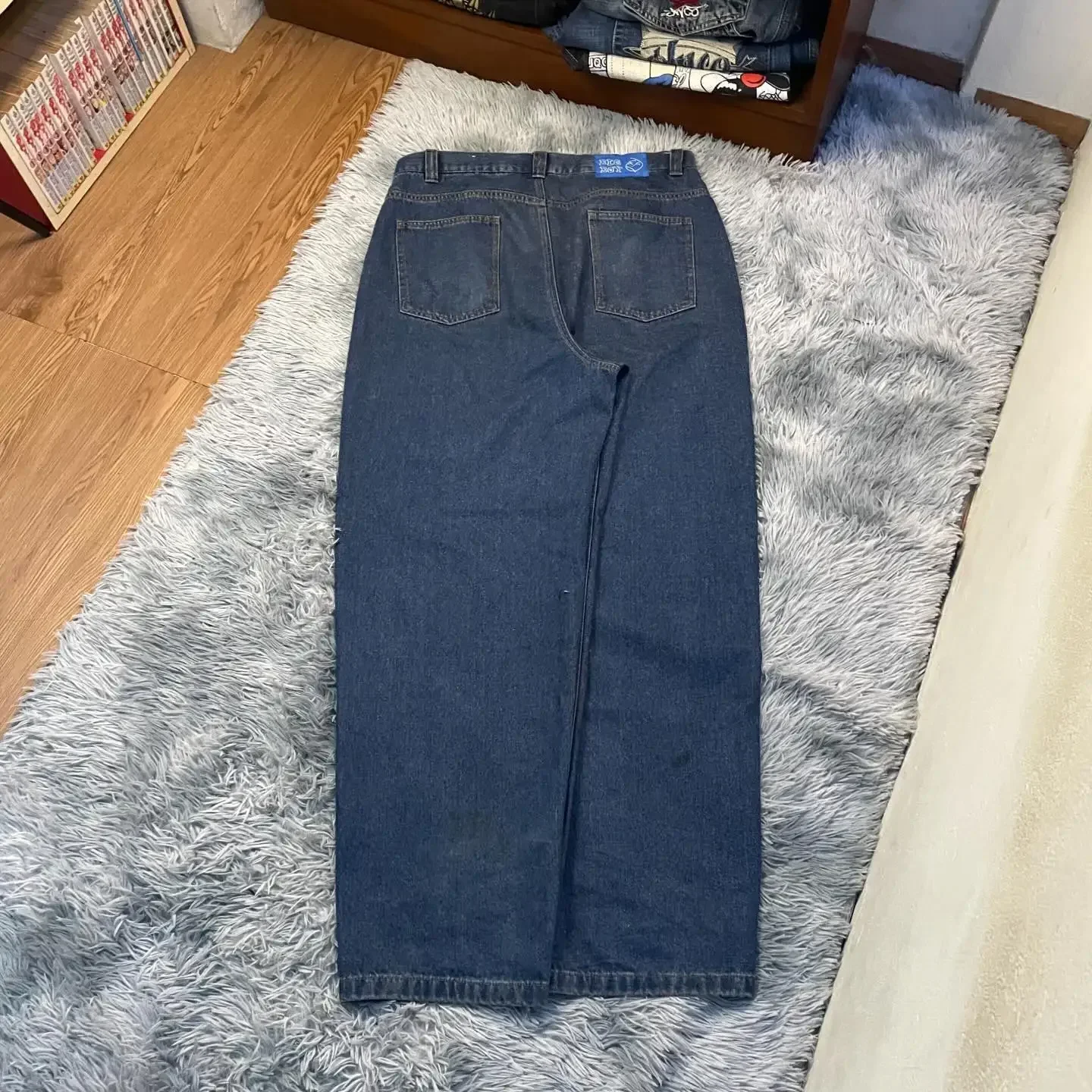 Jean baggy taille haute pour hommes et femmes, pantalon large, surintendant, streetwear, hip hop, dessin animé, polaire, grand garçon, broderie, bleu, rétro, Y2K