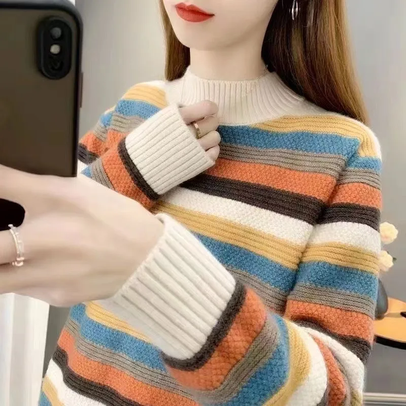 Loose Fit Thickened Half High Collar Striped Knitwear Sweater Autumn Winter Base Layer Shirt Casual Style Polyester Fiber