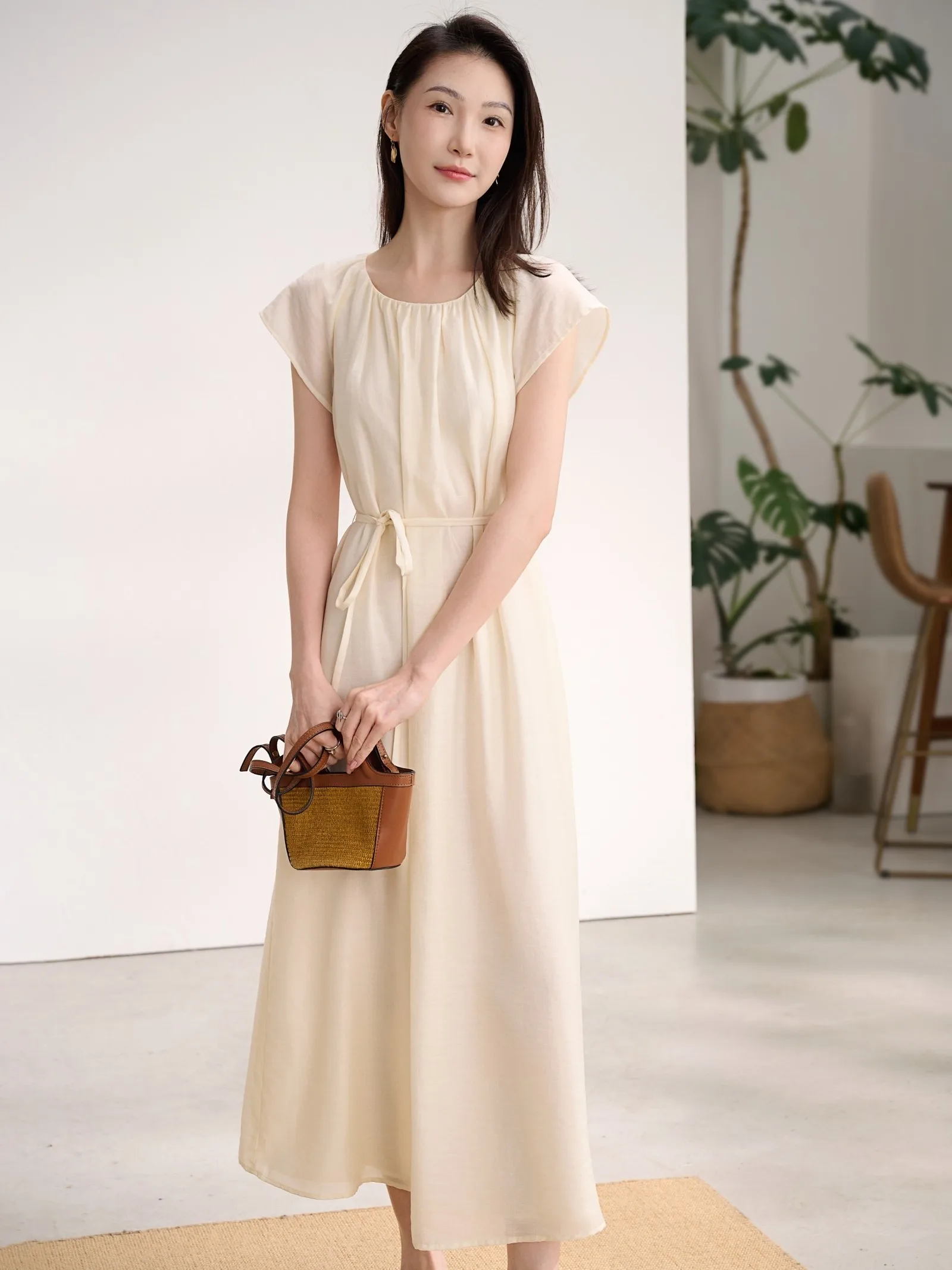 

JPOO Ele White Silk Linen Belted Dr Soft Yet Structured Breathable Casual Sle Loose Waist Summer Ladies Dr