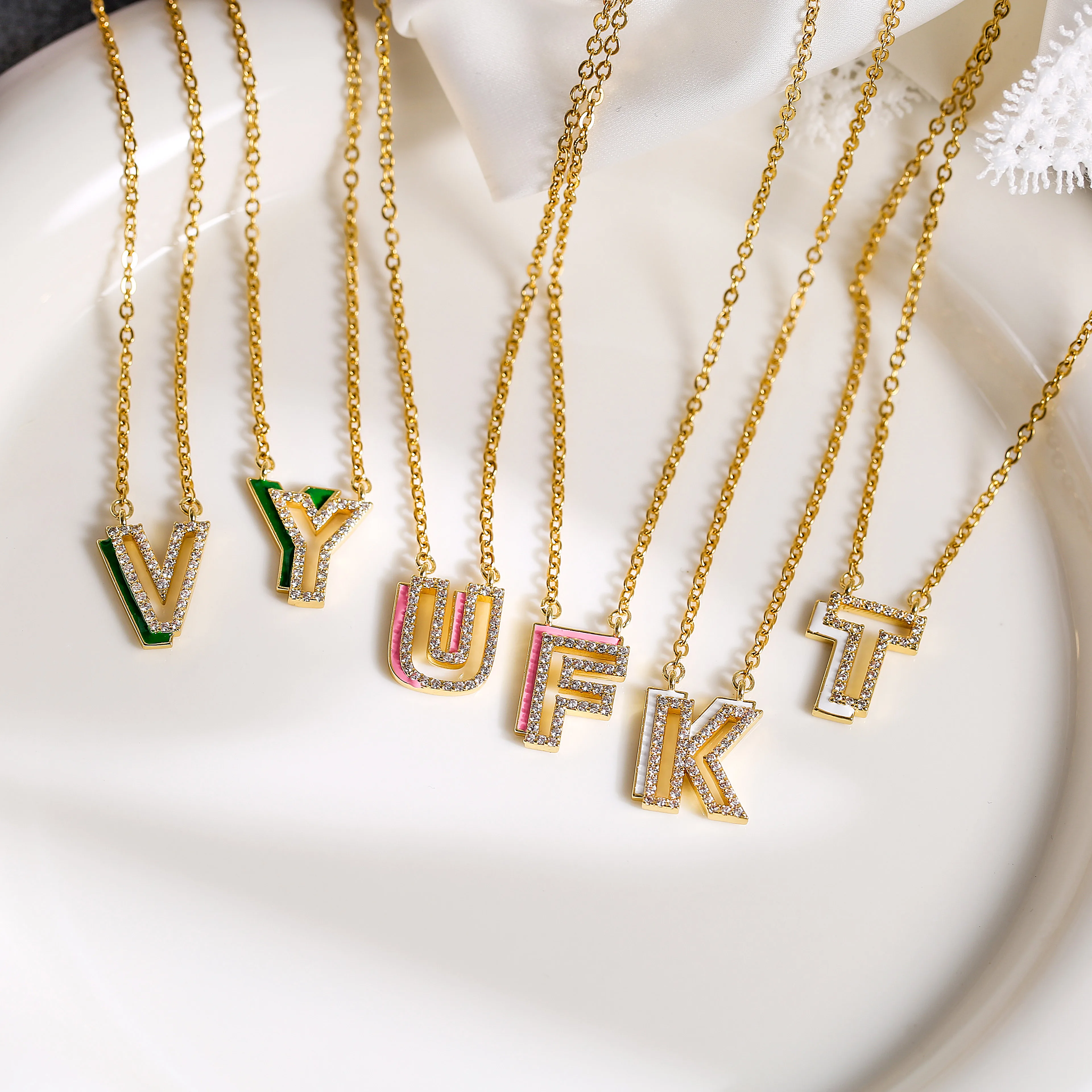 18K Gold Plated Brass Initial Letter CZ Necklace For Women Cubic Zirconia Inlaid Enamel Alphabet Pendant Jewelry Gift