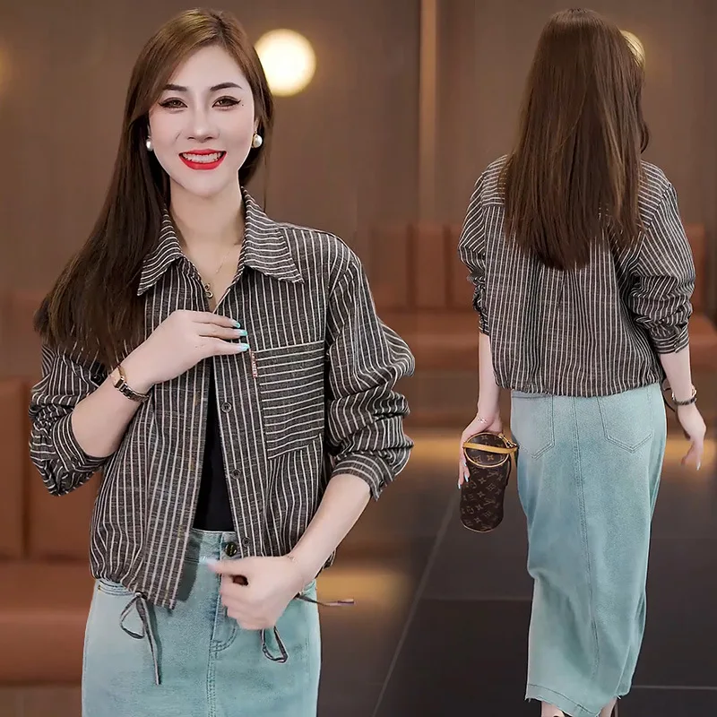 

Small Striped Cardigan Coat Women's Shirt Spring and Autumn Loose Western Style Long Sleeve Underwear