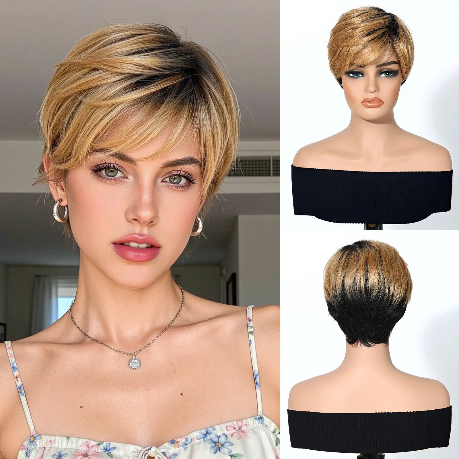 Short Pixie Cut Human Hair with Bangs Ombre Brown Blonde with Dark Roots 100% Real Hair Natural Hairline for Women Daily Wear