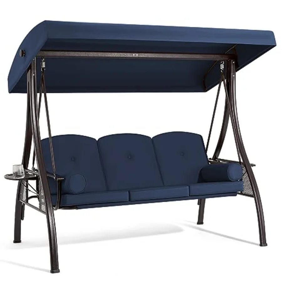 3 Person Porch Swing with Adjustable Canopy, Patio Swing with Stand: Outdoor Wicker Seat, Beige Fabric, Rust-Resistant Steel Fr