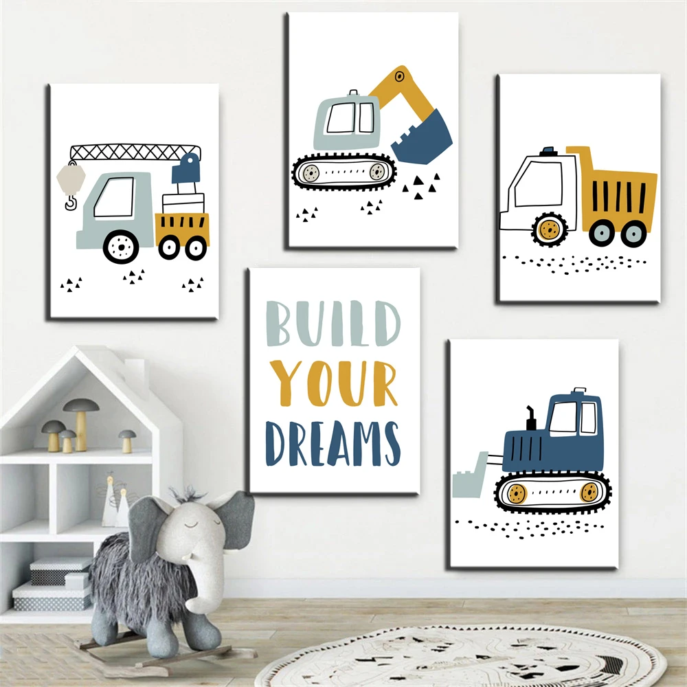 

Wall Art Canvas Poster Cartoon Crane Excavator Tractor Truck Painting Nursery Child Nordic Pictures Print Bedroom Home Decor