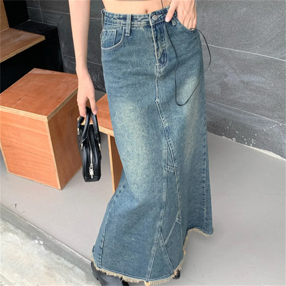 

Long Denim Woman Jean Skirts Ladies A Line high-waisted split-edged fishtail denim skirt