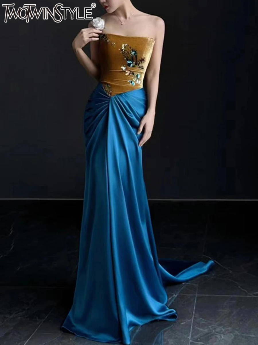 

TWOTWINSTYLE Colorblock Slimming Spliced Sequins Dresses for Women Strapless Sleeveless Patchwork Fold Dress Female Clothing New