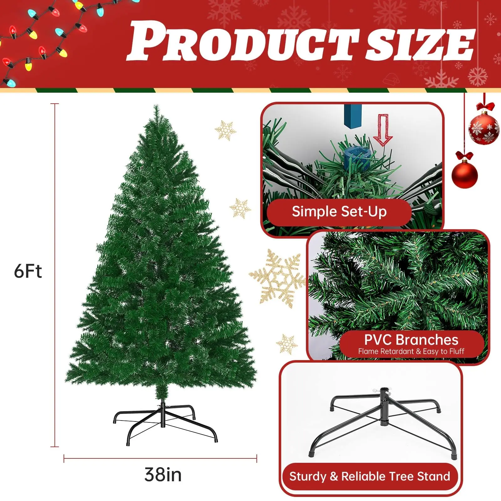 Premium 6FT Pre-Lit Classic Artificial Holiday Christmas Tree w/1,000 Branch Tips,250 LED Lights for Home,Office,Party