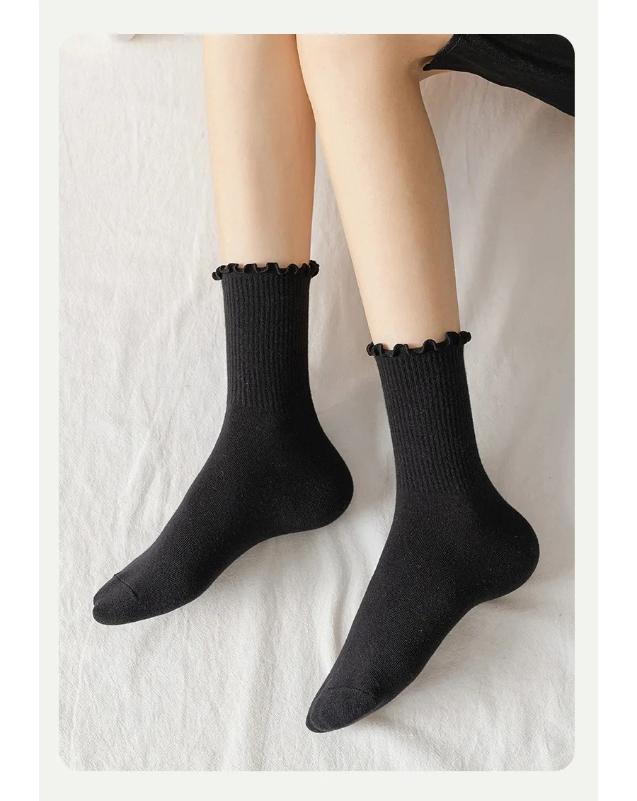 5/10 Paar Lot Socken für Frauen Rüschen Mittelrohr Knöchel Kurz Atmungsaktiv Schwarz Weiß Set Frühling Herbst – Detail 9