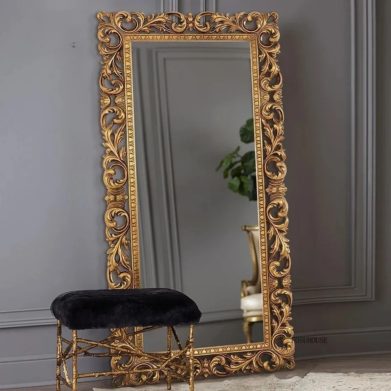 European Full-Length Floor Mirrors Home Living Room Bedrrom Furniture Wall-Mounted Wooden Frame Carved Retro Dressing Mirror
