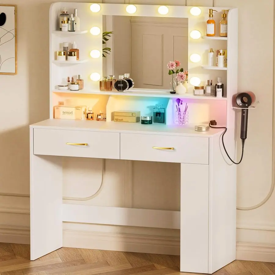Vanity Desk with Lighted Mirror and Power Outlet, RGB LED Lights Makeup Vanity Set for Girls, Large Storage Capacity Dressing T
