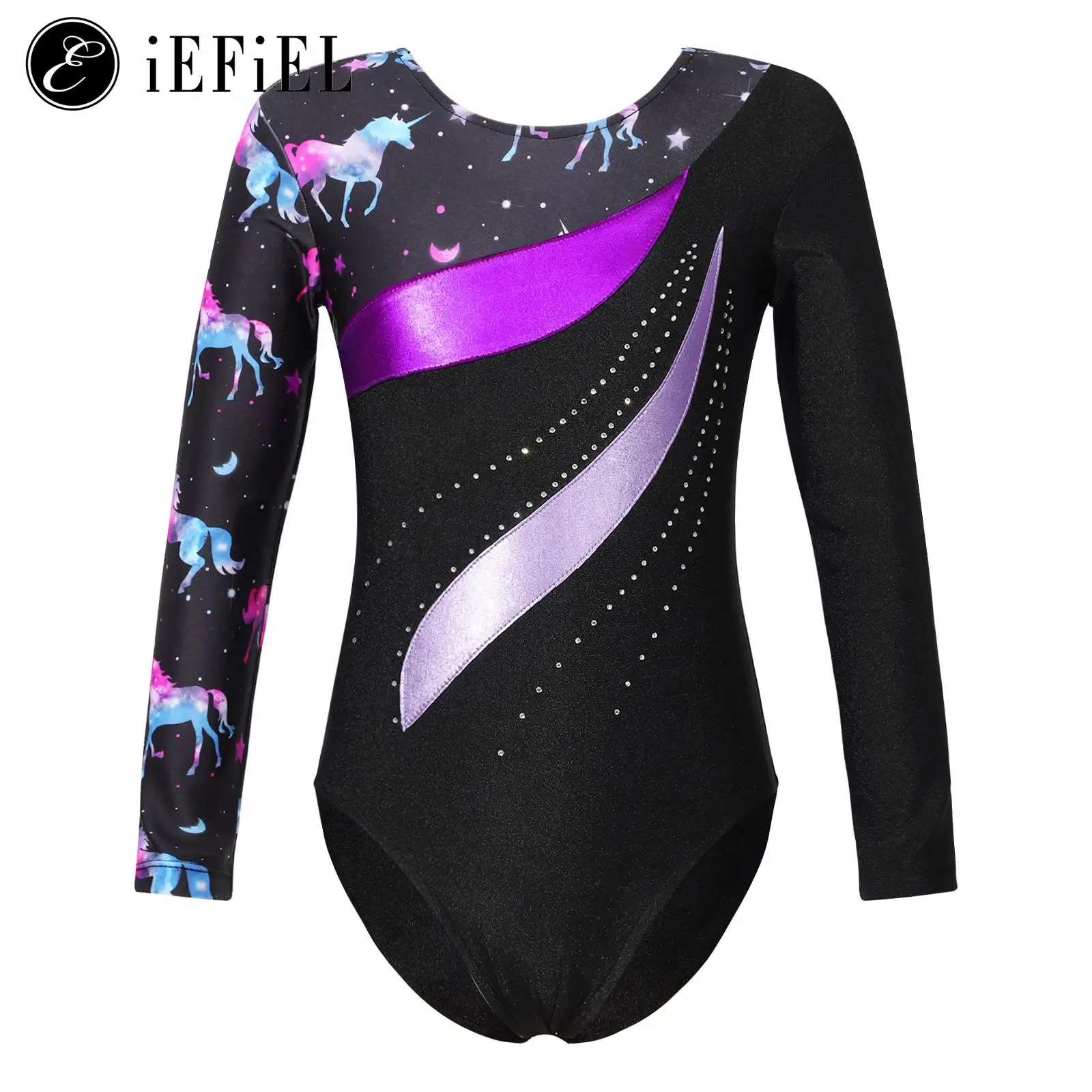 Kids Girls Shiny Rhinestone Long Sleeve Ballet Dance Leotard Bodysuit Gymnastics Tumbling Ice Skating Unitard Biketard Dancewear