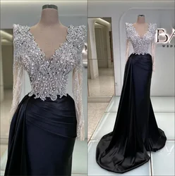 2024 New Stunning Black Mermaid Evening Dress Charming Sexy V Neck Long Sleeve Pleated Prom Gowns فساتين سهره شارون سعيد