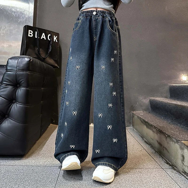 2025 New Autumn Kids Fashion Jeans with Bows for Girls Casual Straight Fit Denim Pants Korean Style Children Bottoms Clothing