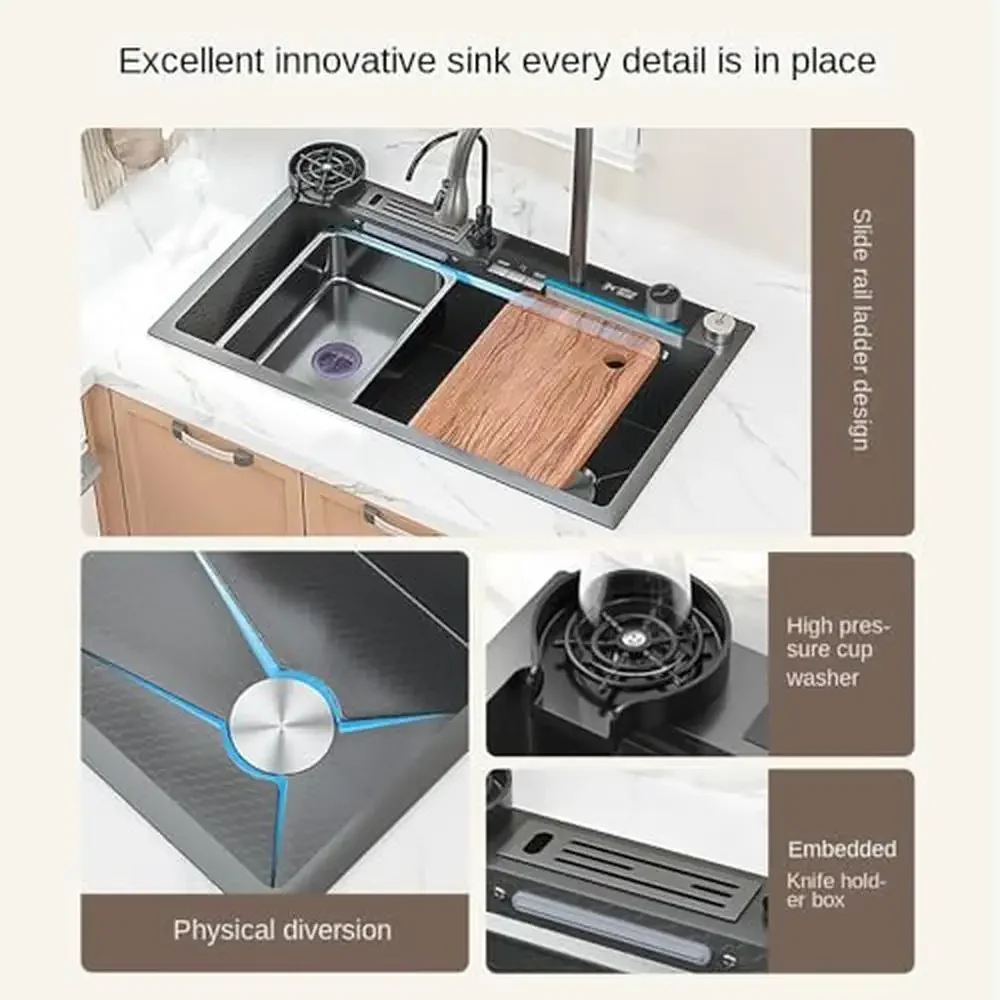 Pia de cozinha cascata de aço inoxidável inteligente moderna com display digital única tigela nano estação de trabalho torneira pull down