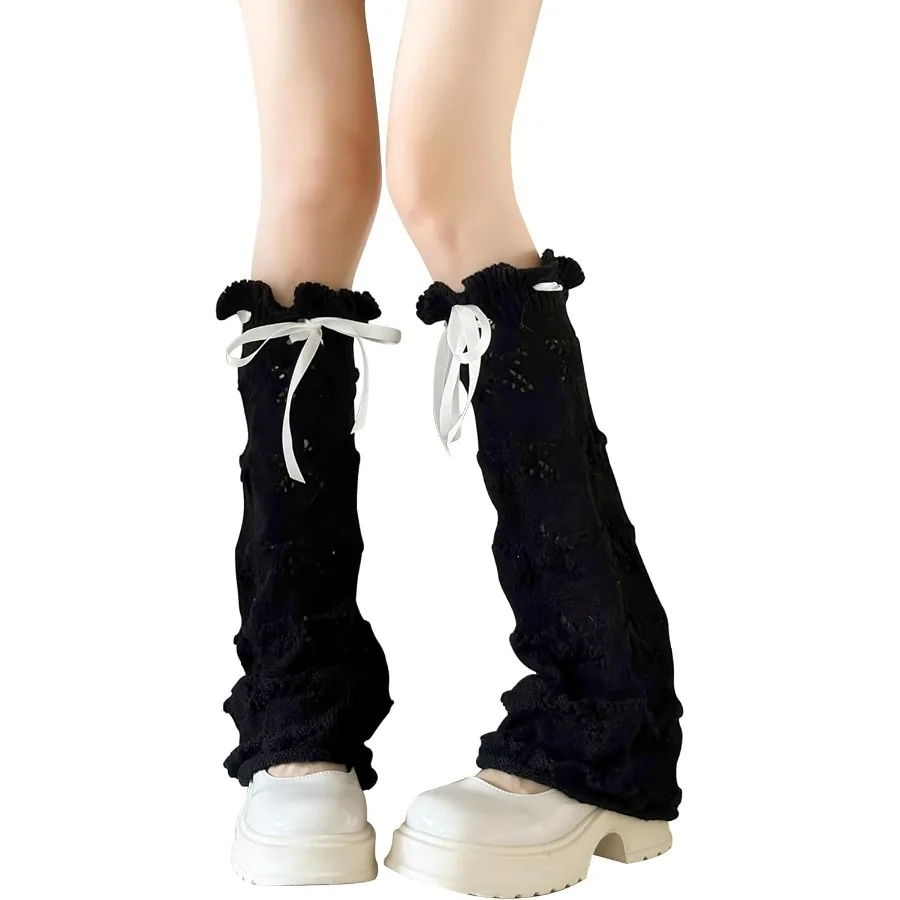 WODECASA Jambières en tricot Y2K Chaussettes évasées hautes aux genoux avec cordon de serrage et poignets à volants pour femmes et filles à la mode L