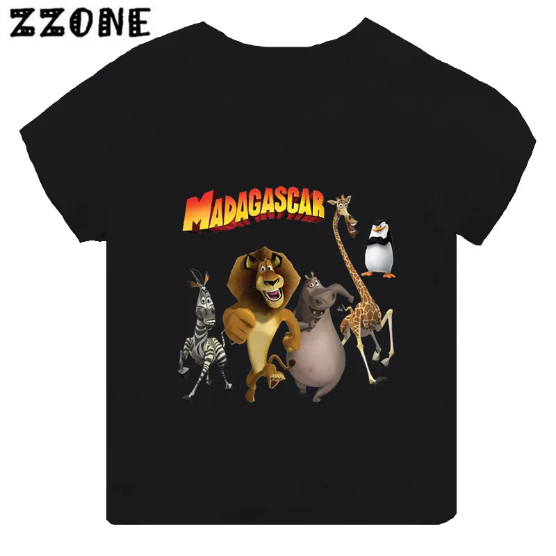 Animals Of Madagascar Lion Zebra Penguin Print Cartoon Kids T-shirt Girls Clothes Baby Boys Black T shirt Children Tops,TH5427