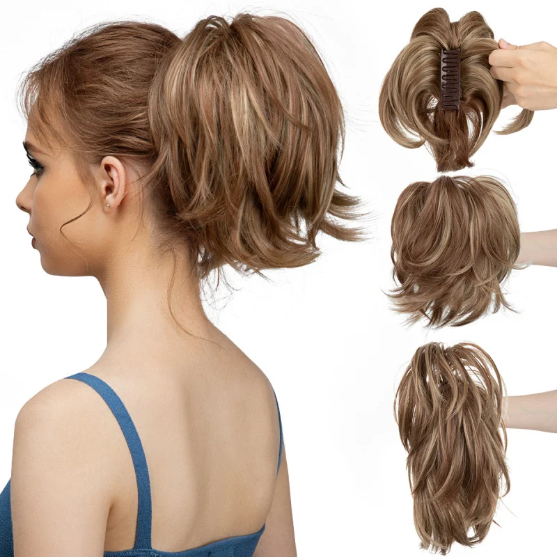 

European and American high-temperature fiber wig -on ponytail for women, short fluffy curly hair, adjustable claw clip fake