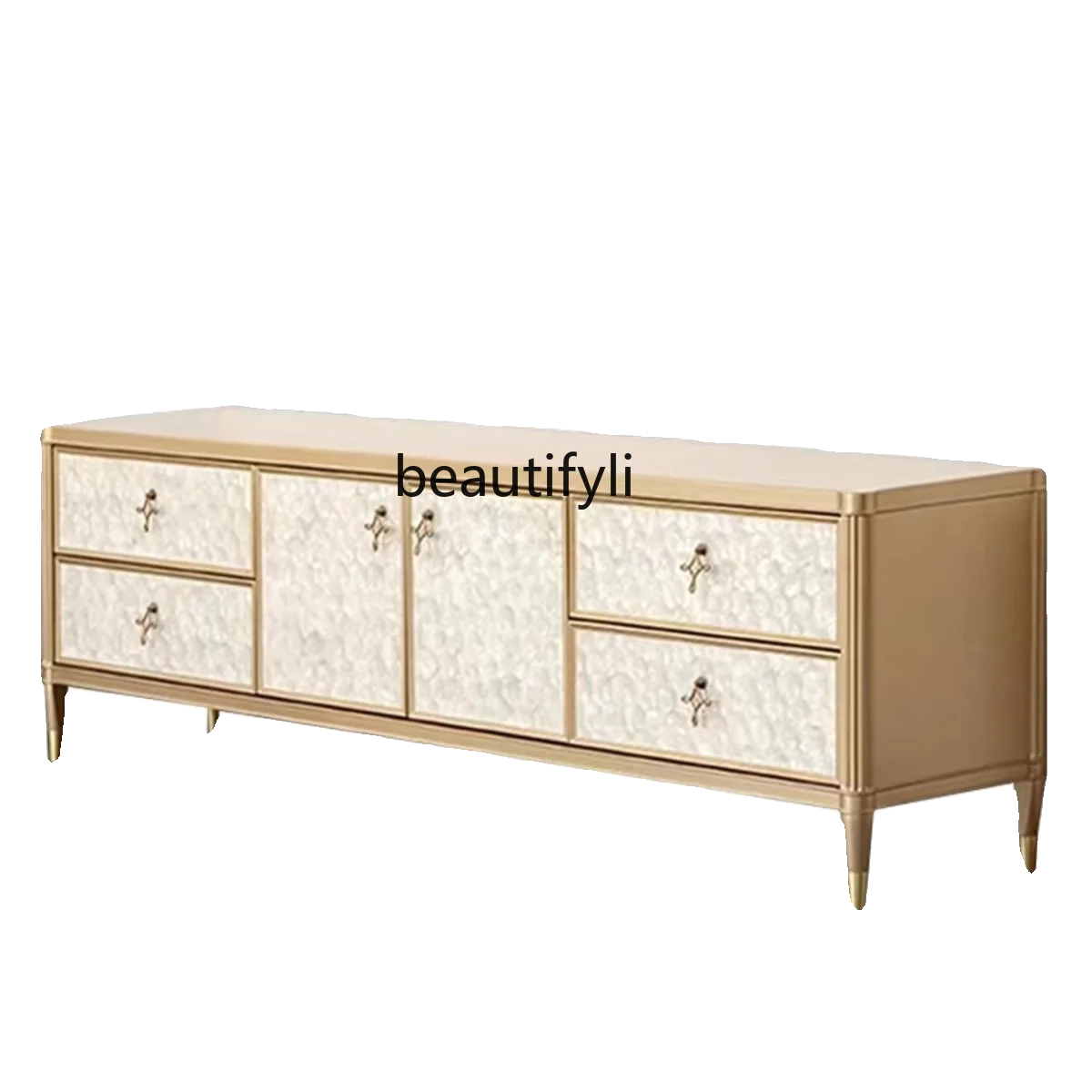 

Modern TV Cabinet American Living Room Champagne Gold Solid Wood Floor Cabinet Storage Tea Table Combination