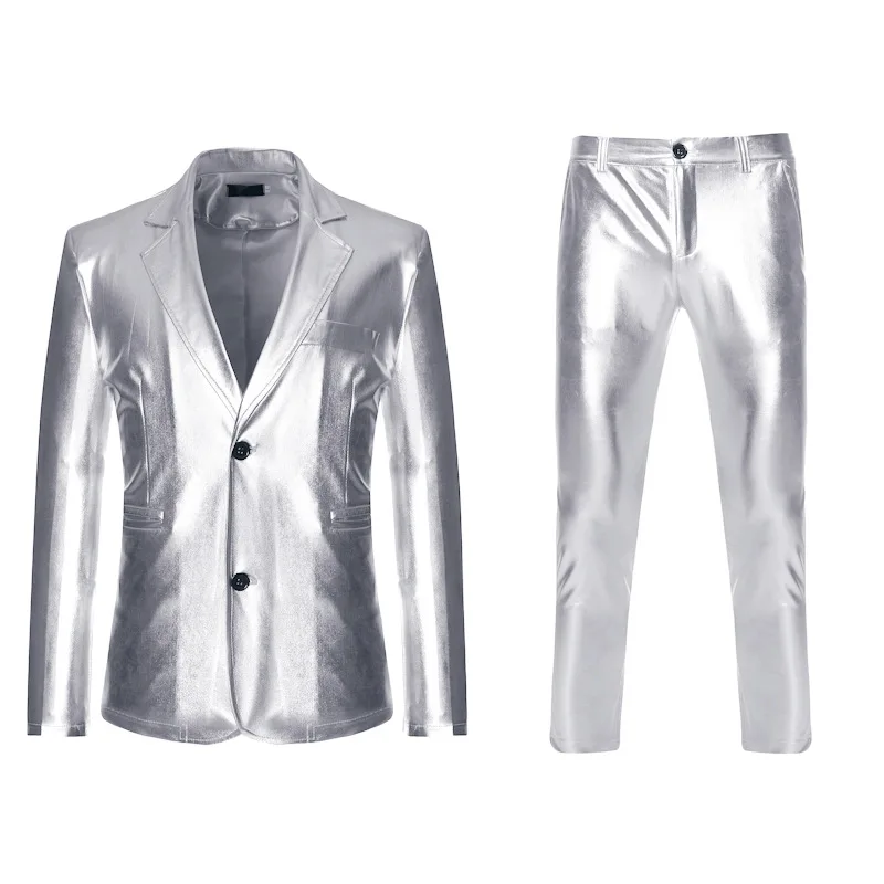 Abito da uomo lucido oro argento giacca da uomo pantaloni giacca da cantante da palcoscenico abbigliamento da uomo Costume Cosplay per feste di Halloween