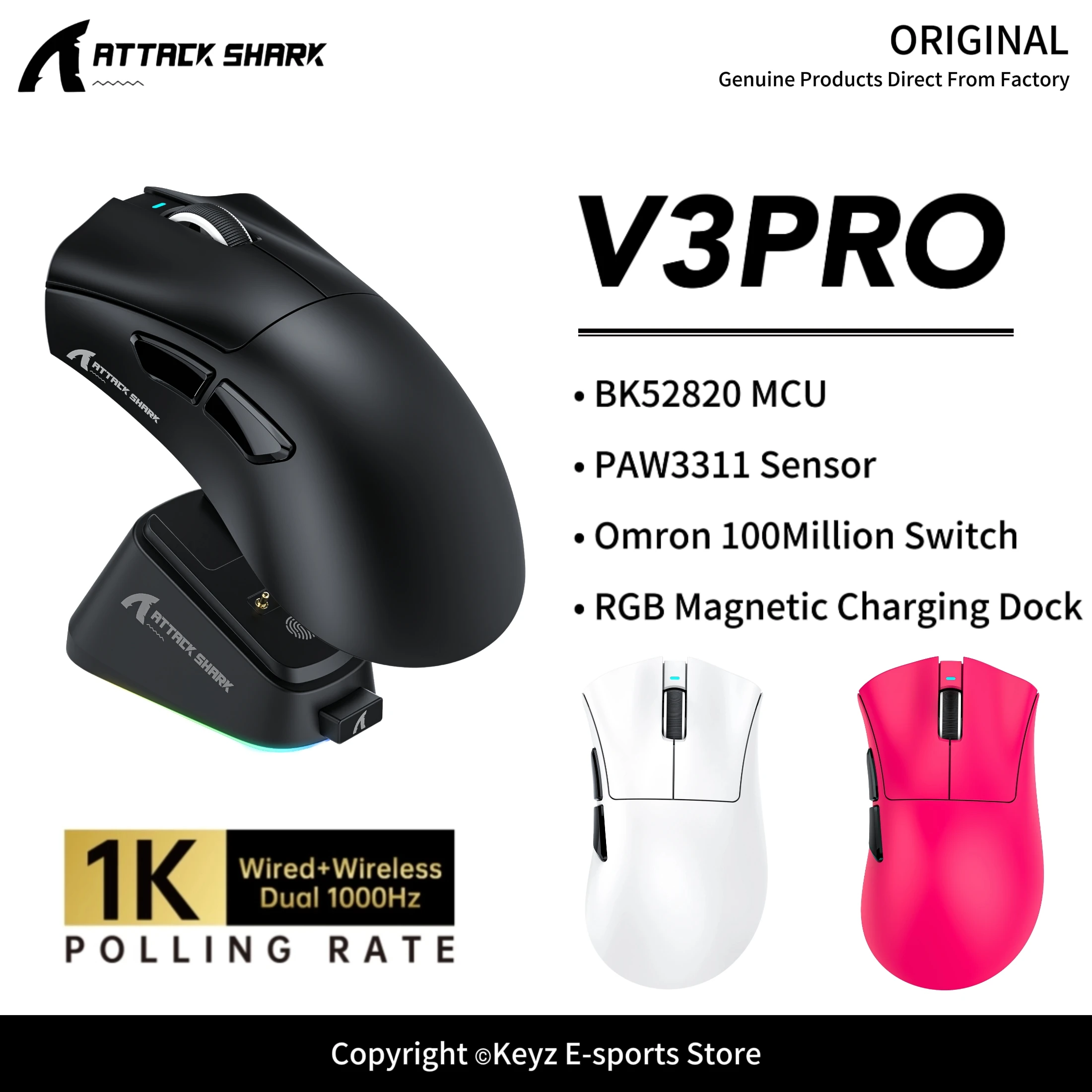 ATTACK SHARK V3/V3Pro Low-Power Mouse 1000Hz Wireless Mouse PAW3311 Sensor 25000DPI BK52820 MCU & 500mAh for Right-handed Mouse