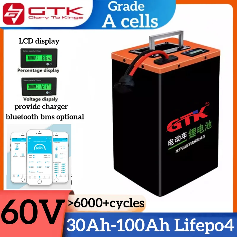 GTK 60V 30Ah Lithium Battery 40Ah 50Ah 60Ah 70Ah 80Ah 90Ah 100Ah LiFePO4 with BMS for 1.8KW 3KW Motorcycle Tricycle Two Wheeler