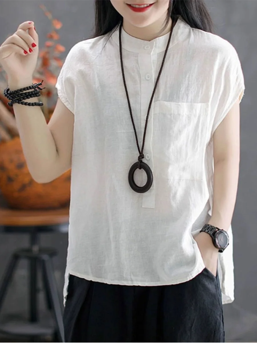 Chaleco Holgado de Lino y Algodón para Mujer, Estilo Coreano, Cuello Alto, Nuevo para Verano, Informal, para el Trabajo