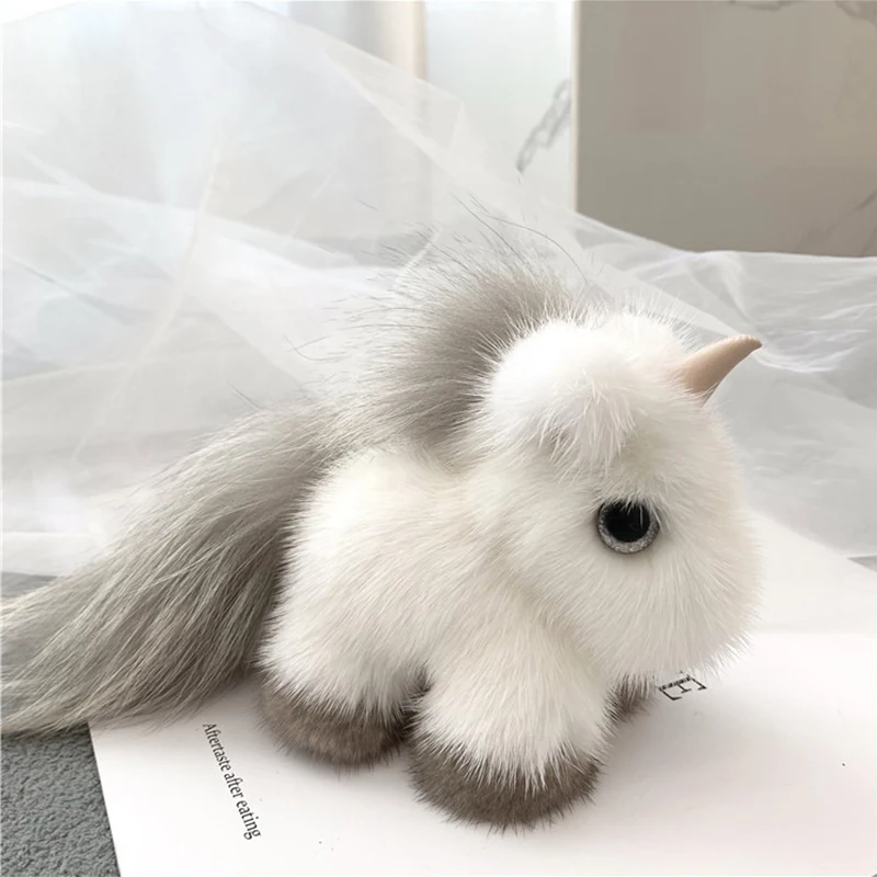 Korean Ins Mink Fur Unicorn Bag Pendant Real Plush Doll Pony Mink Fur Car Keychain Pendant For Wimen