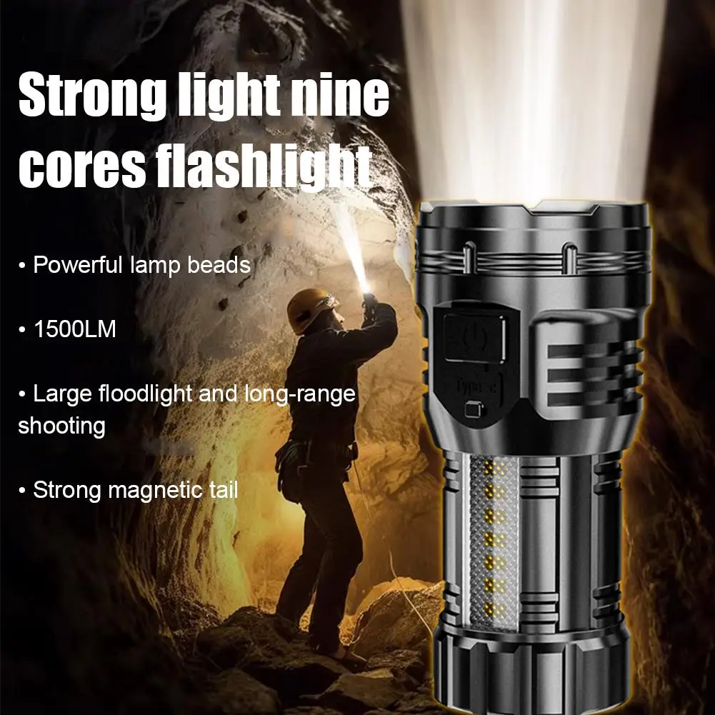 New Explosive Nine Core Strong Light Flashlight Outdoor Portable Thumb Rechargeable Waterproof Flashlight Suitable For Expl Q1F1