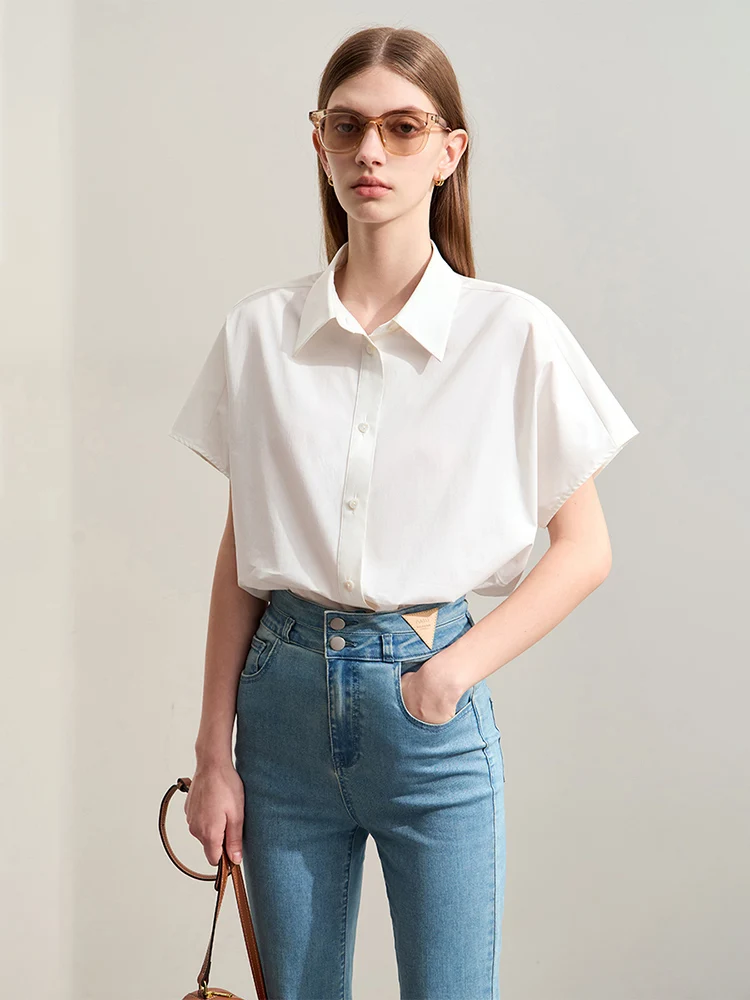 Amii Minimalism 2024 Women Shirt & Blouse Summer New Cotton Blend Spliced Lapel Female Loose Short-sleeve Trendy Shirts 12442198