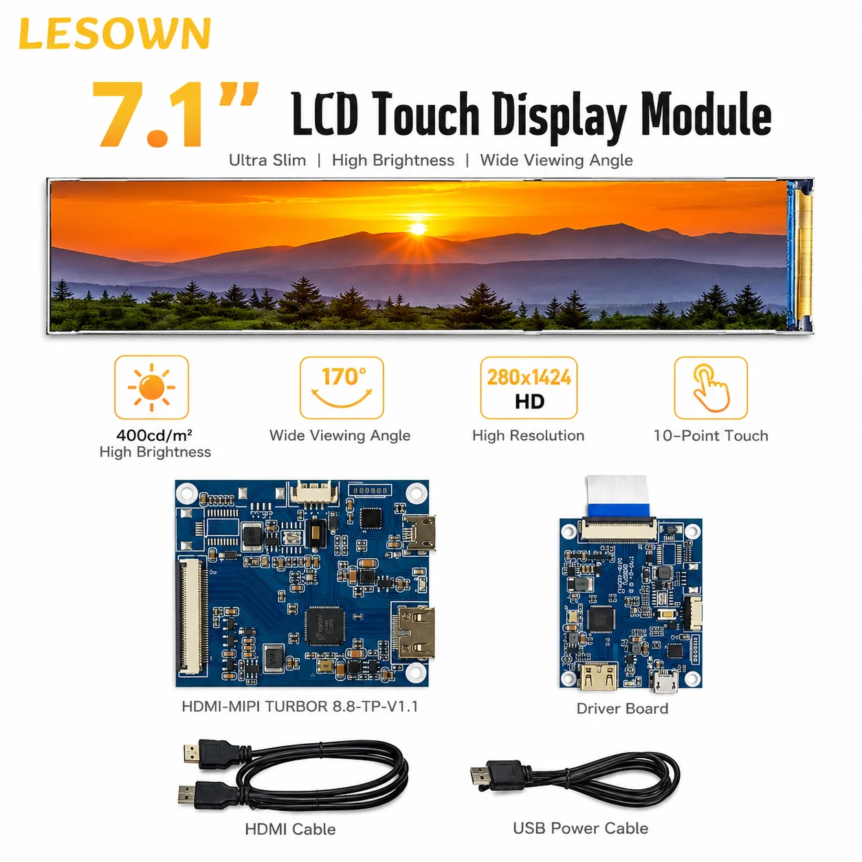 LESOWN 7.1 Inch Stretched LCD Screen 280x1424 with Driver Board miniHDTV Plug and Play for PC Case Mods