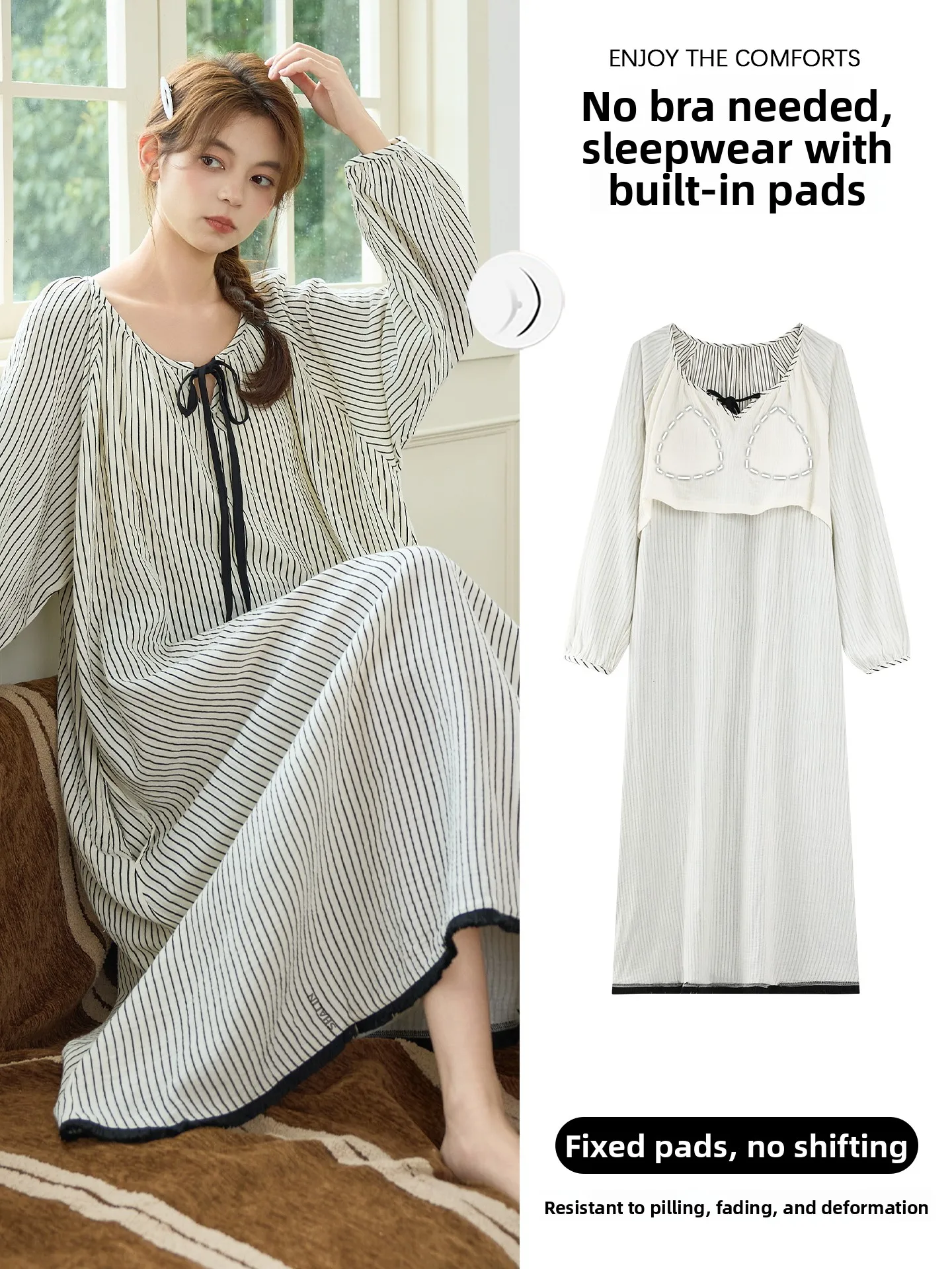 Cloud Cotton Sleep Dress Women's Long Sleeve Sweet Style Home Clothes with Chest Pad Integrated Spring Autumn Winter Nightgown