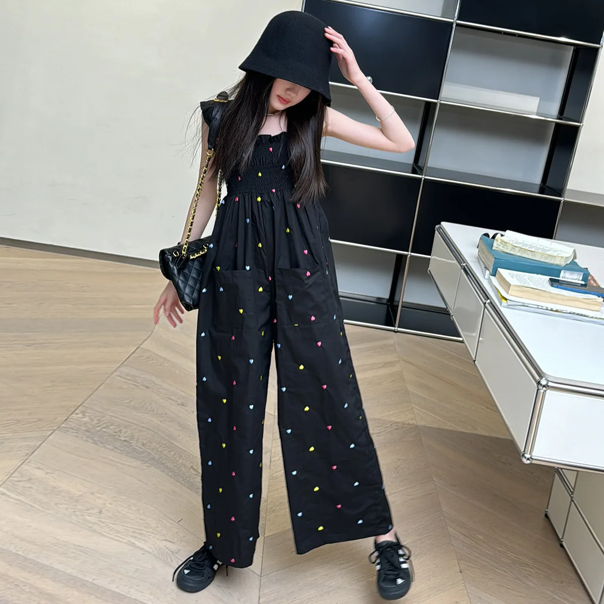 

French teen Girls Colorful Love jumpsuit Lotus leaf shoulder strap sleeveless onesies Retro Casual Straight Leg Wide Leg Pants