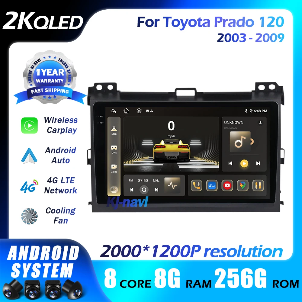 Android auto Car Radio For Toyota Prado 120 2003-2009 Multimedia Blu-ray QLED Navigation GPS Carplay RDS Wifi DSP