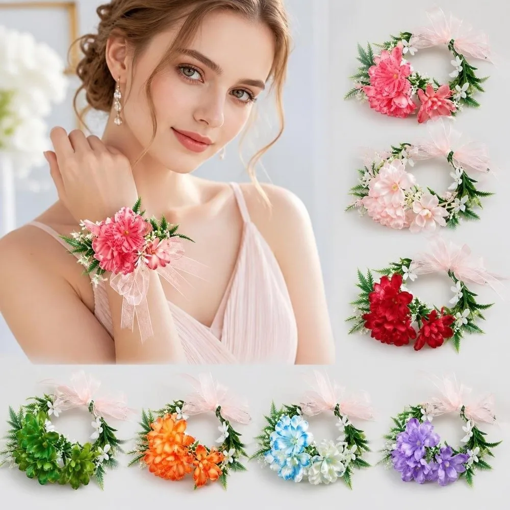 Sweet Multicolor Wrist Corsage Satin Ribbon Artificial Flower Wrist Flowers Ribbon Tie Bridesmaid Wrist Flowers Bridesmaids