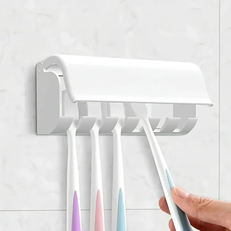 Self Adhesive Wall Toothbrush Holder With Cover Holds 6 Toothbrushes Bathroom Storage Organizer
