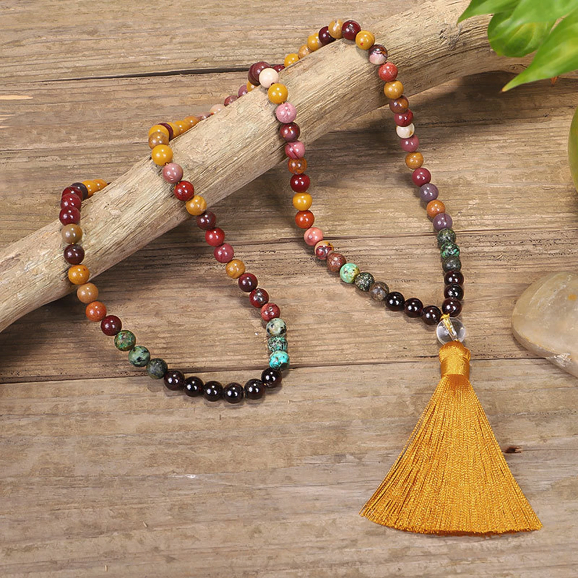 108 Mala Beads Bracelet Mookaite Jasper Beaded Necklace Black Obsidian African Turquoise Necklace Tassel Pendant Healing Balance