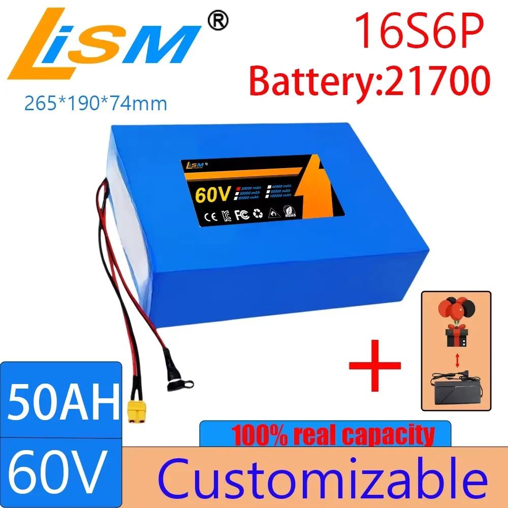 60V 50Ah 21700 16S6P Lithium Ion Battery Pack 2500W Power Tool Batteries Outdoor Backup Batteries With 40A BMS+67.2V charger