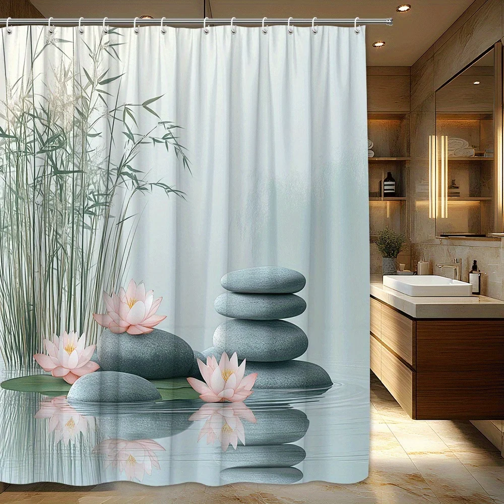 1pc Minimalist Pond Shower Curtain with Gray Stones, Pink for Lotus Flowers & Tall Bamboo in Calm Waters - Serene & Peaceful Pol