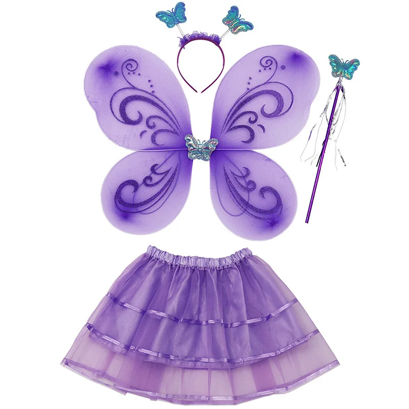 Girl Performance RolePlay Butterflies Costumes Princess Fairy Wings Magic Wand Headband Skirt 4Pcs Halloween Cosplay Party Props